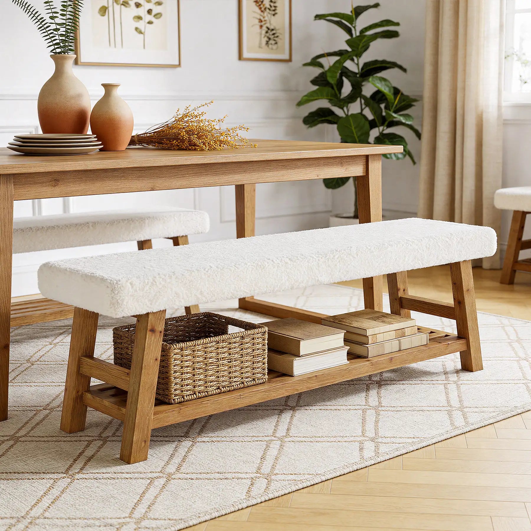55" Upholstered Dining Bench, 2-Tier Solid Wood Kitchen Table Bench with Cushion