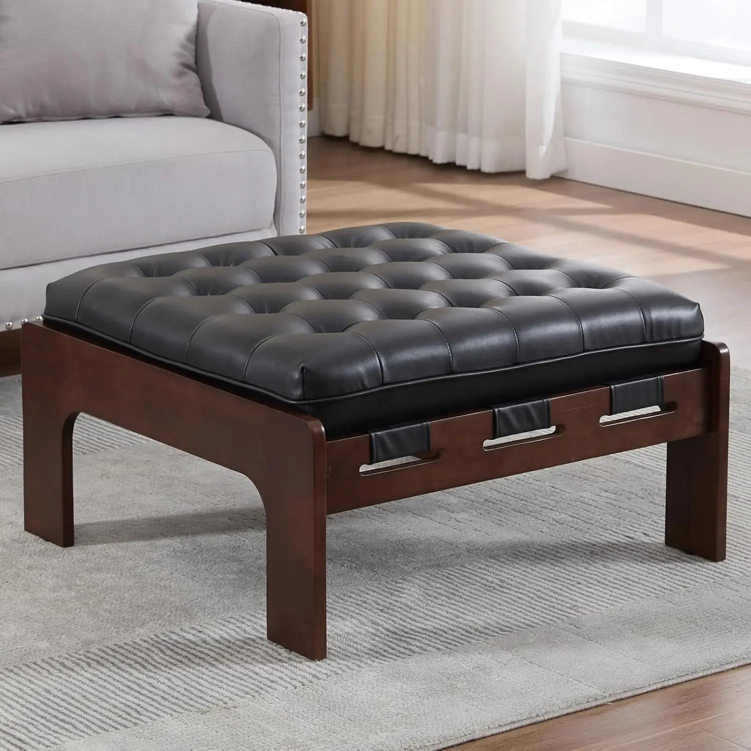 48IN Tufted Leather Ottoman Coffee Table, Rectangular Upholstered