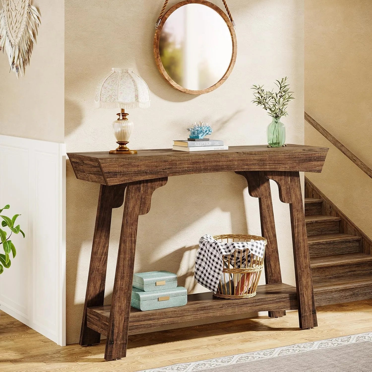 41.3" Farmhouse Console Table/Behind Couch, 2-Tier with Storage