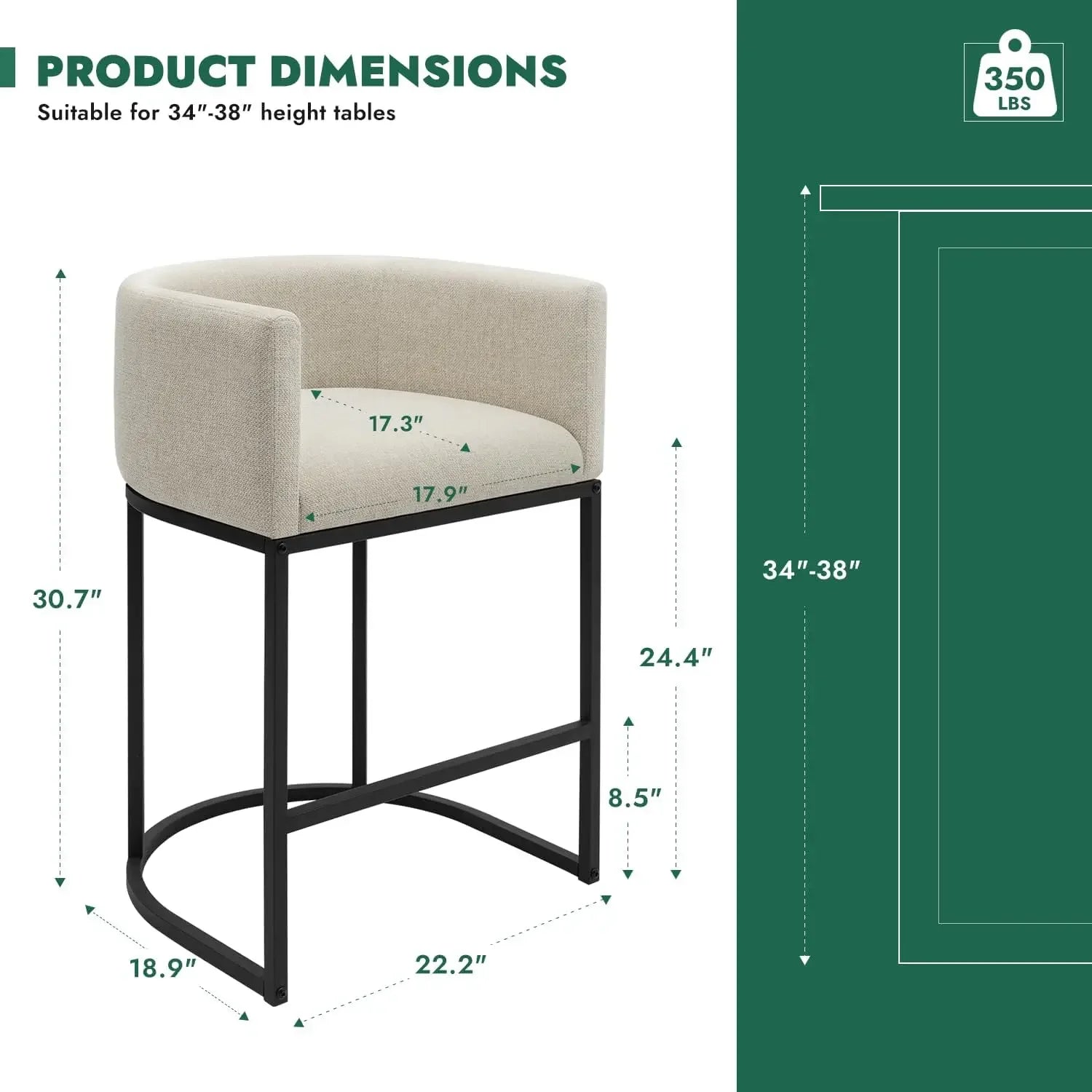 Counter Height Bar Stools, Set-of-3, 24IN Seat Height, Fabric Upholstered