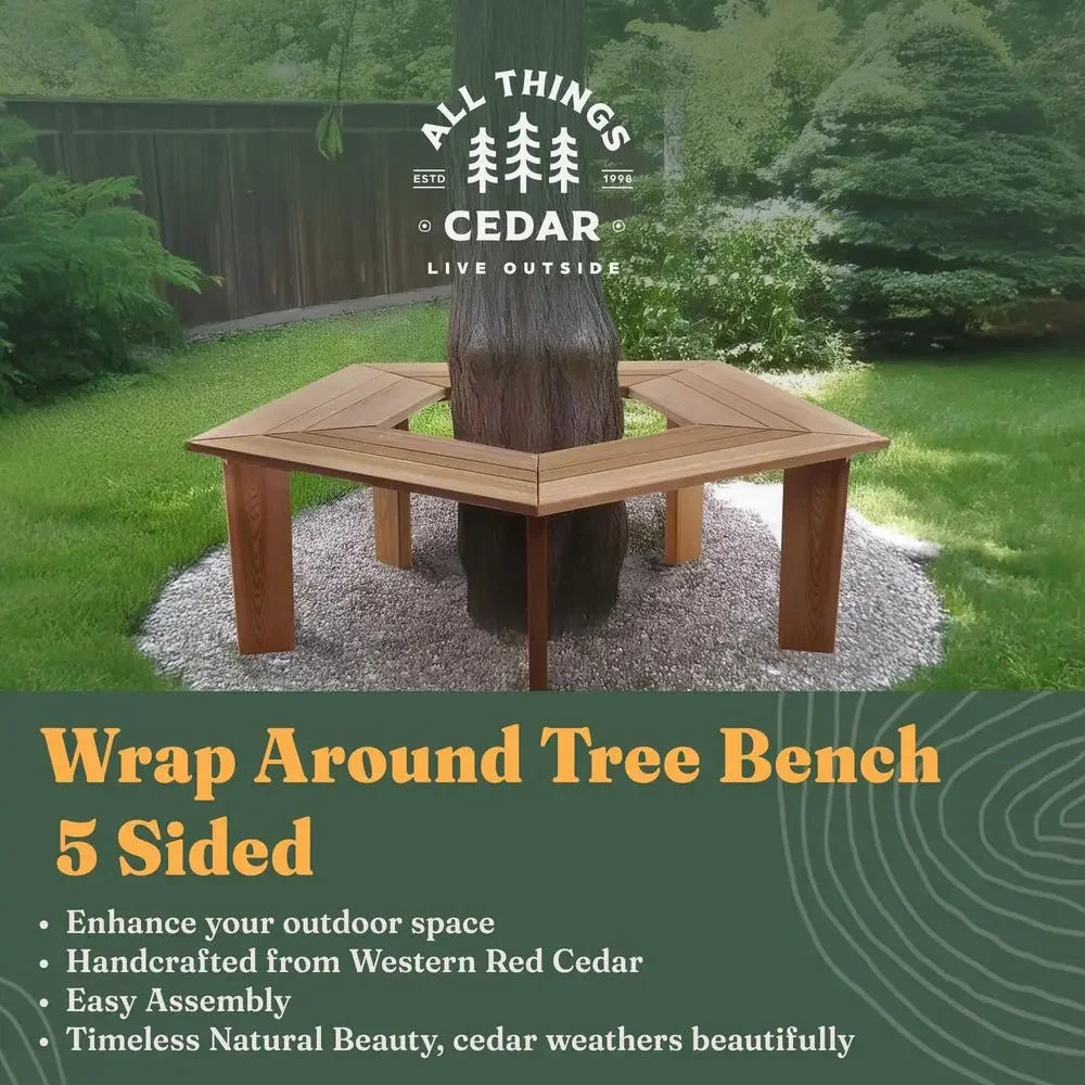 Cedar 52IN 5-Sided Wrap Around Outdoor Seating, Tree Bench, Natural
