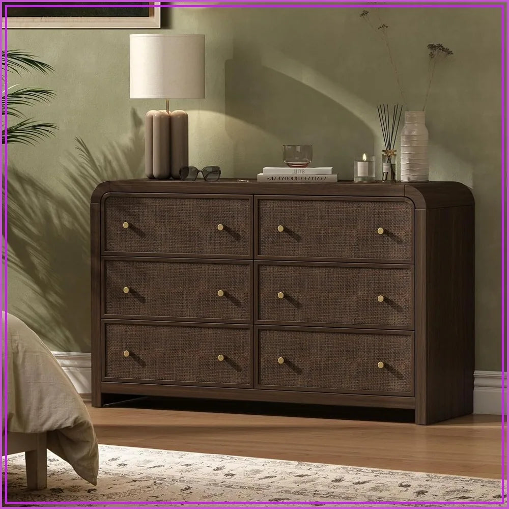 49IN Rattan Dresser, 6-Drawers, Boho Thickened Curved Design, Dark Walnut