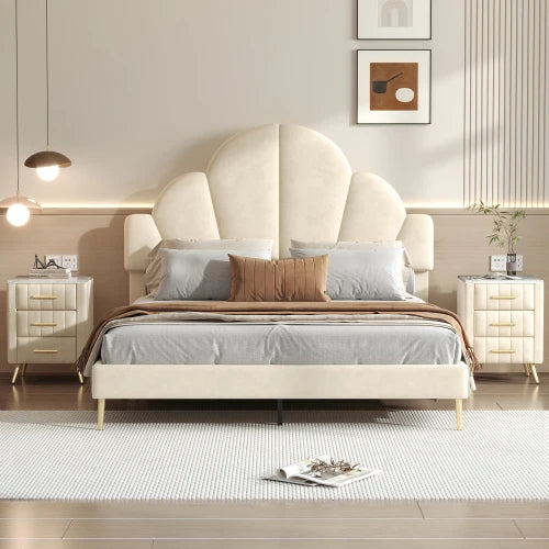 3-Pc Bedroom Set, Queen Velvet Frame, Petal Headboard, 3 Drawers Nightstands