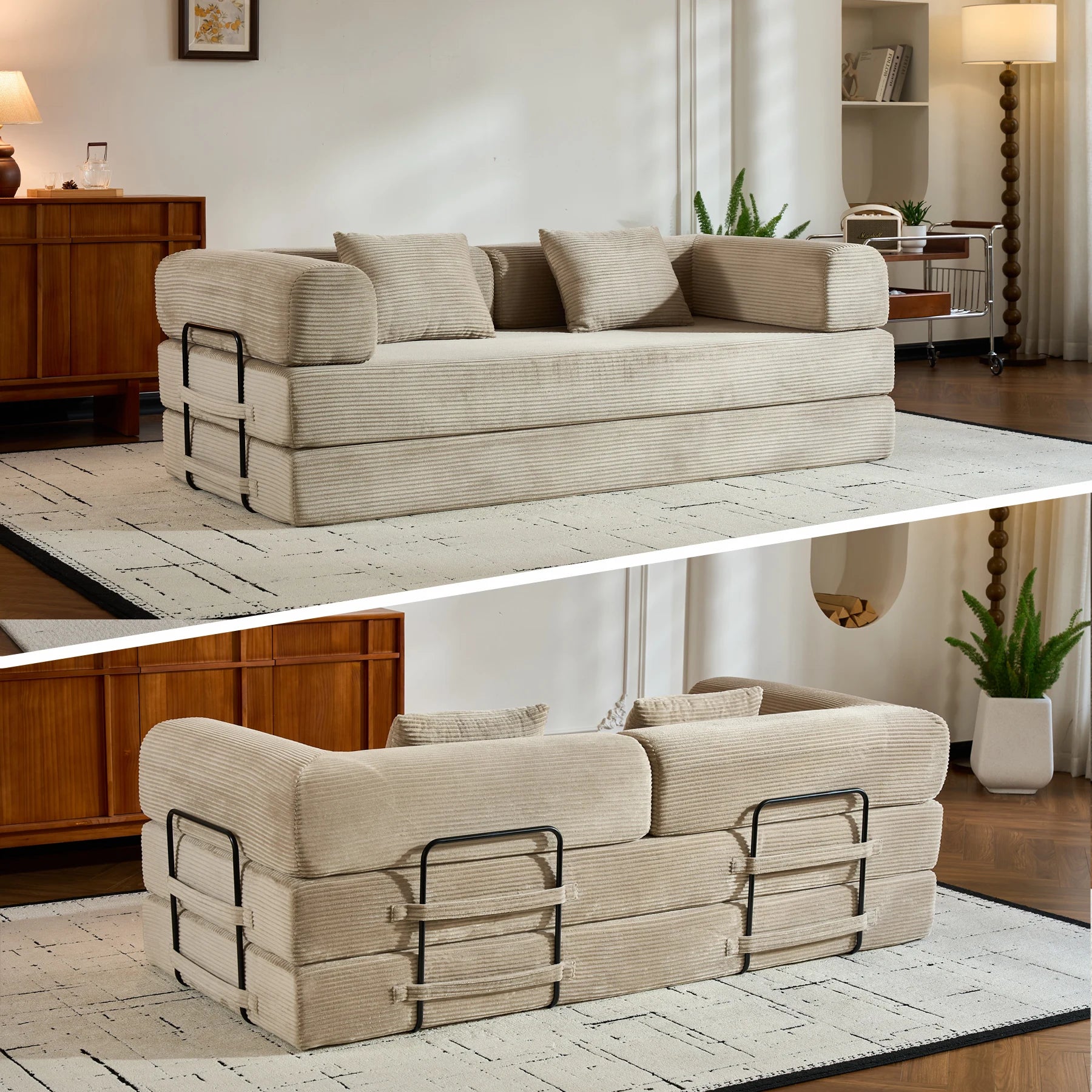 79" Folding Convertible Oversized Corduroy Sofa Bed, Boneless Loveseat