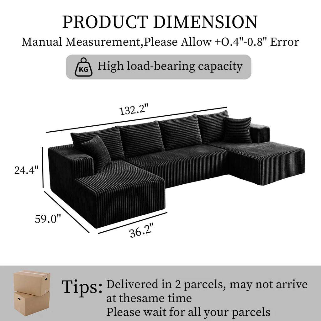132IN 8-PC Corduroy Modular U-Shaped Sectional Sofa, Double Chaise, Seats 6