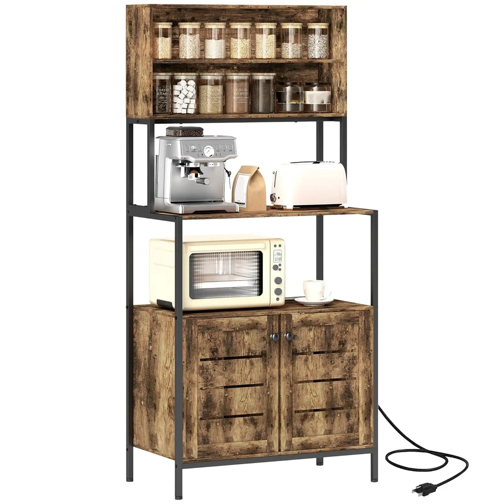 Baker's Rack w/Power Outlet, Cabinet with Storage Shelves, Louvred Door