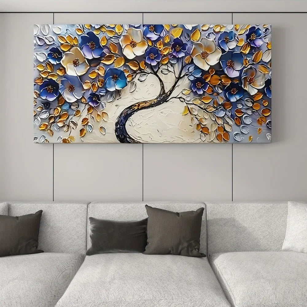 Large abstract Floral tree canvas - Blue textured, 1.5" wood frame