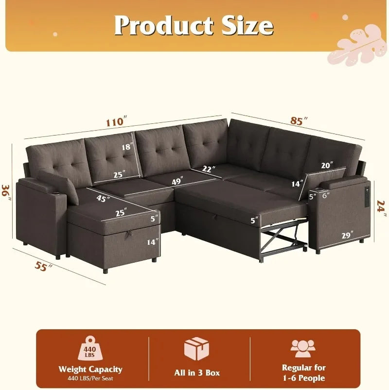 110'' Sectional 7-Seat U-Shape Pull-Out Sleeper, Storage Chaise, Pillows