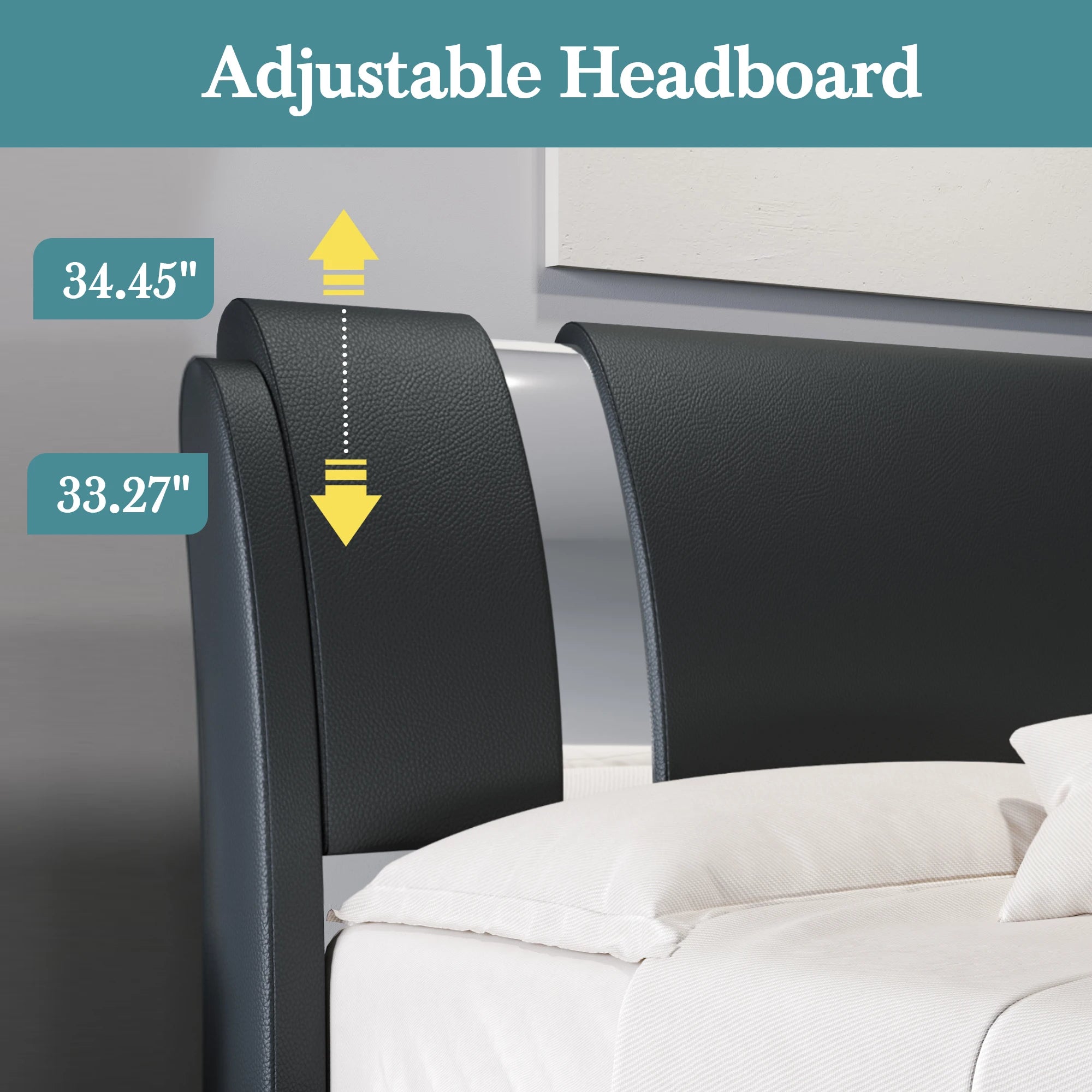 Faux Leather Low Profile Platform Bed Frame Height-Adjustable Headboard