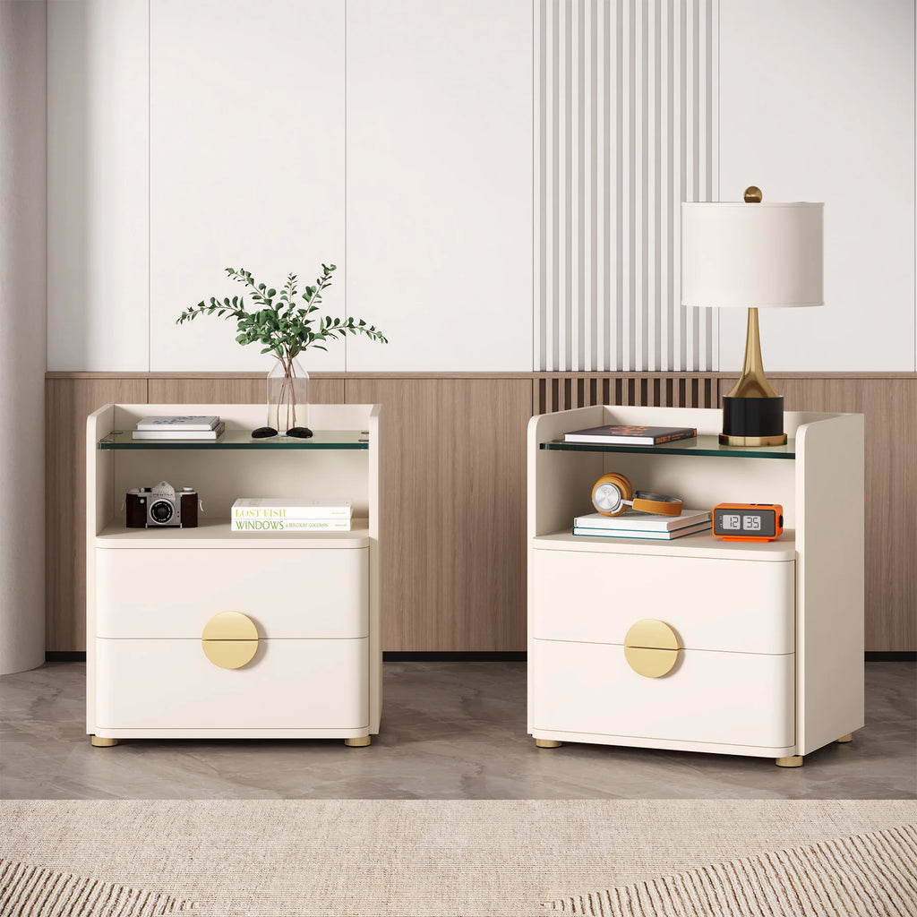 Nightstand w/2 Drawers, w/Open Storage Shelf, Tempered Glasses