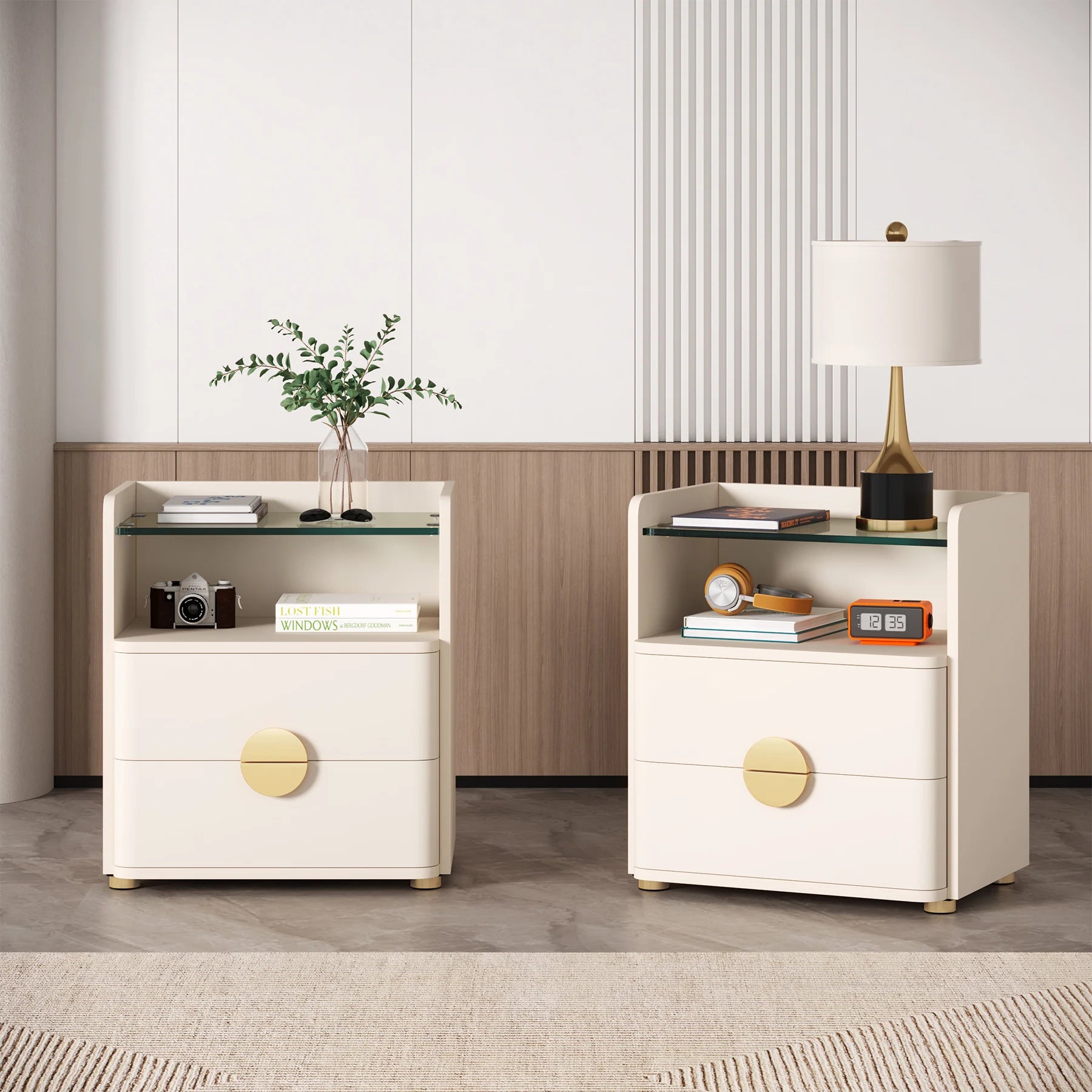 Nightstand w/2 Drawers, w/Open Storage Shelf, Tempered Glasses