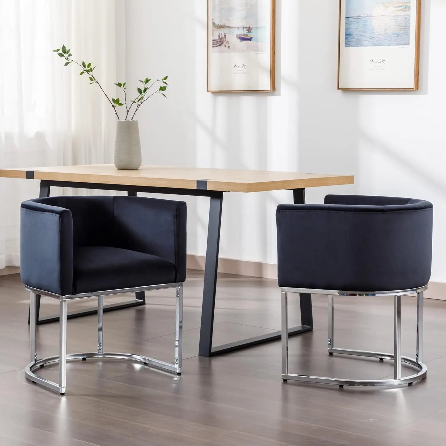 Velvet Set-of-4 Barrel Arm Dining Chairs w/Chrome Metal Frame