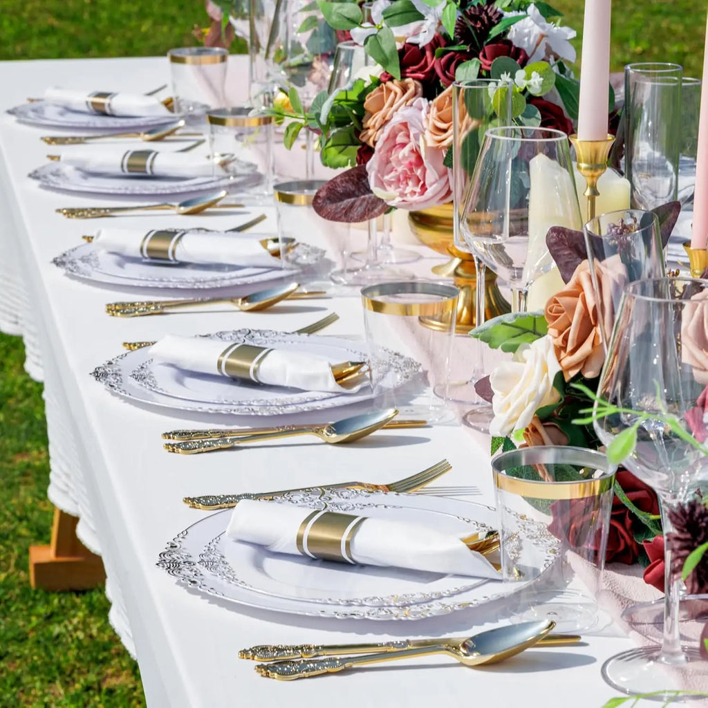 350PCS Plastic Gold Dinnerware for 50, Disposable Plates, Silverware, Cups, Napkins