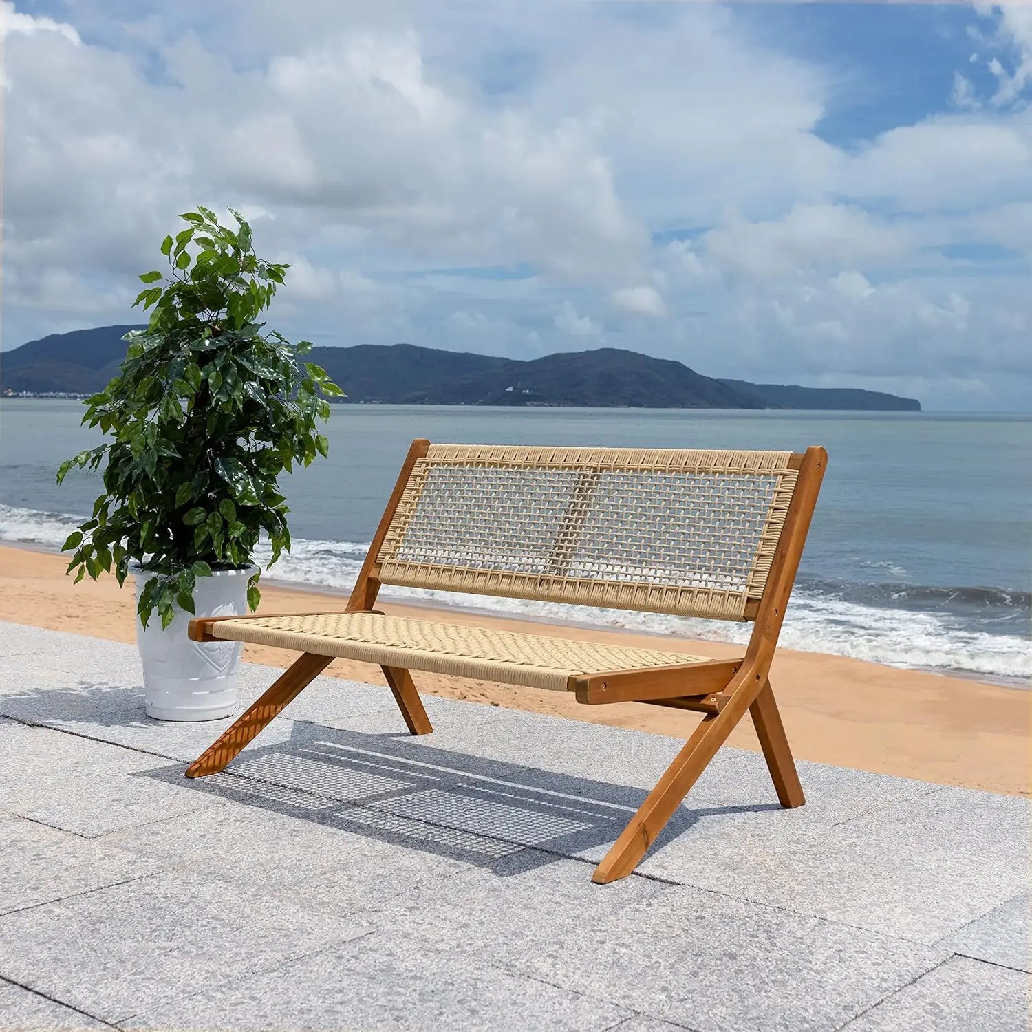 Natural Wood & Rope Foldable Bench Outdoor Patio Garden 48IN