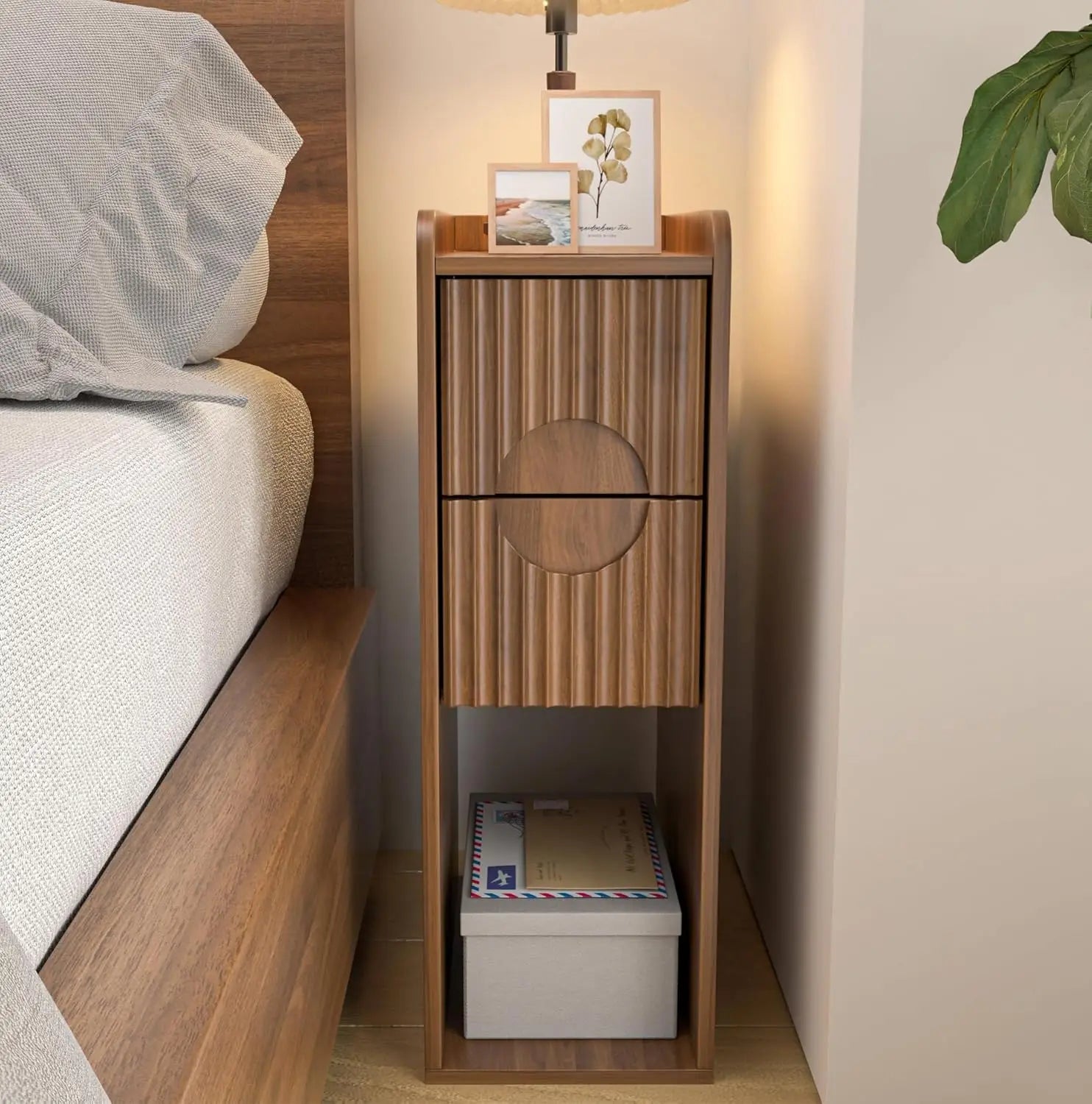 Narrow Fluted End Tables, Set of 2, Wooden 2 Drawers, Slim Nightstands
