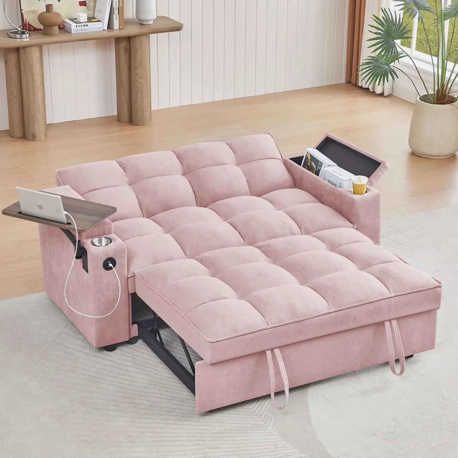 65'' 3-in-1 Folding, Pullout, Convertible Sofa Bed, 360° Swivel Side Table