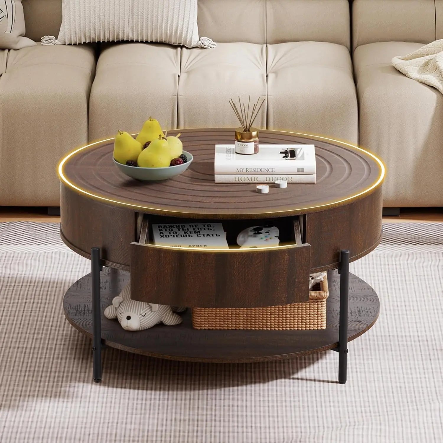 Round Coffee Table, 2-Drawer 2-Tier Rustic Wood Desktop Shelf
