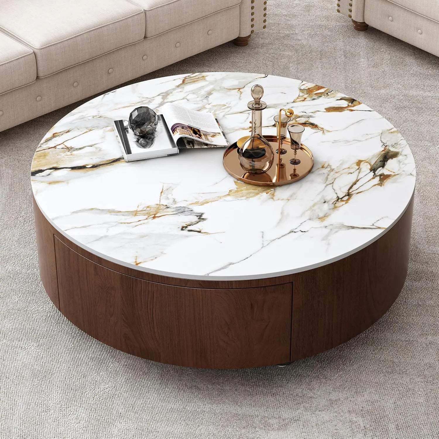 Round Coffee Table, Storage, 2 Drawers and Faux Marble Tabletop, Circle