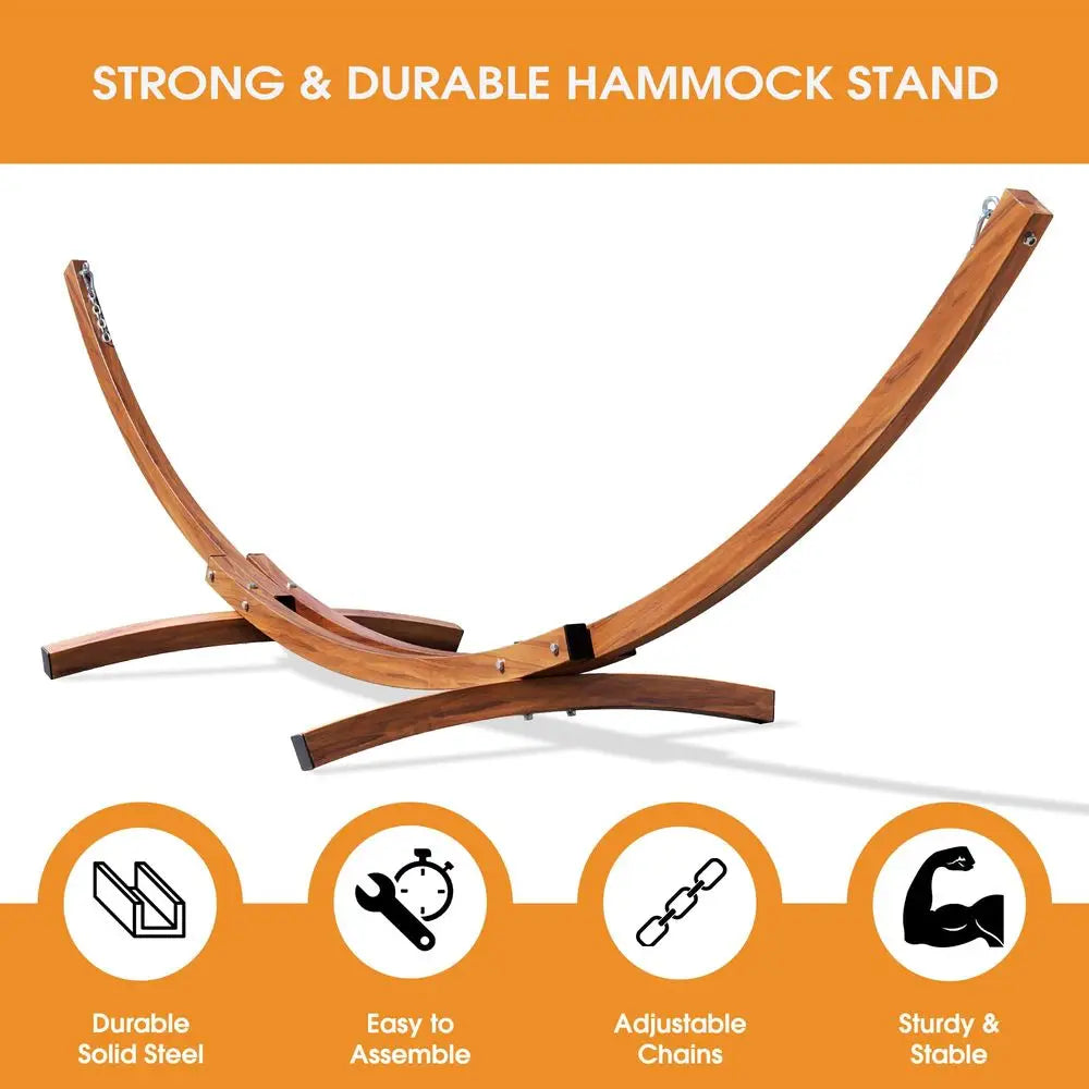 Cotton Fabric Double Hammock, Spreader Bars, 10.5 FT Wood Arc, Wood Stand