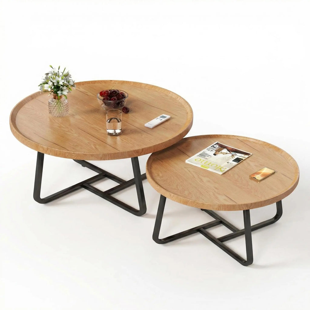 Nesting Coffee Table Set 2 Fluted Round Wood Tables Sturdy