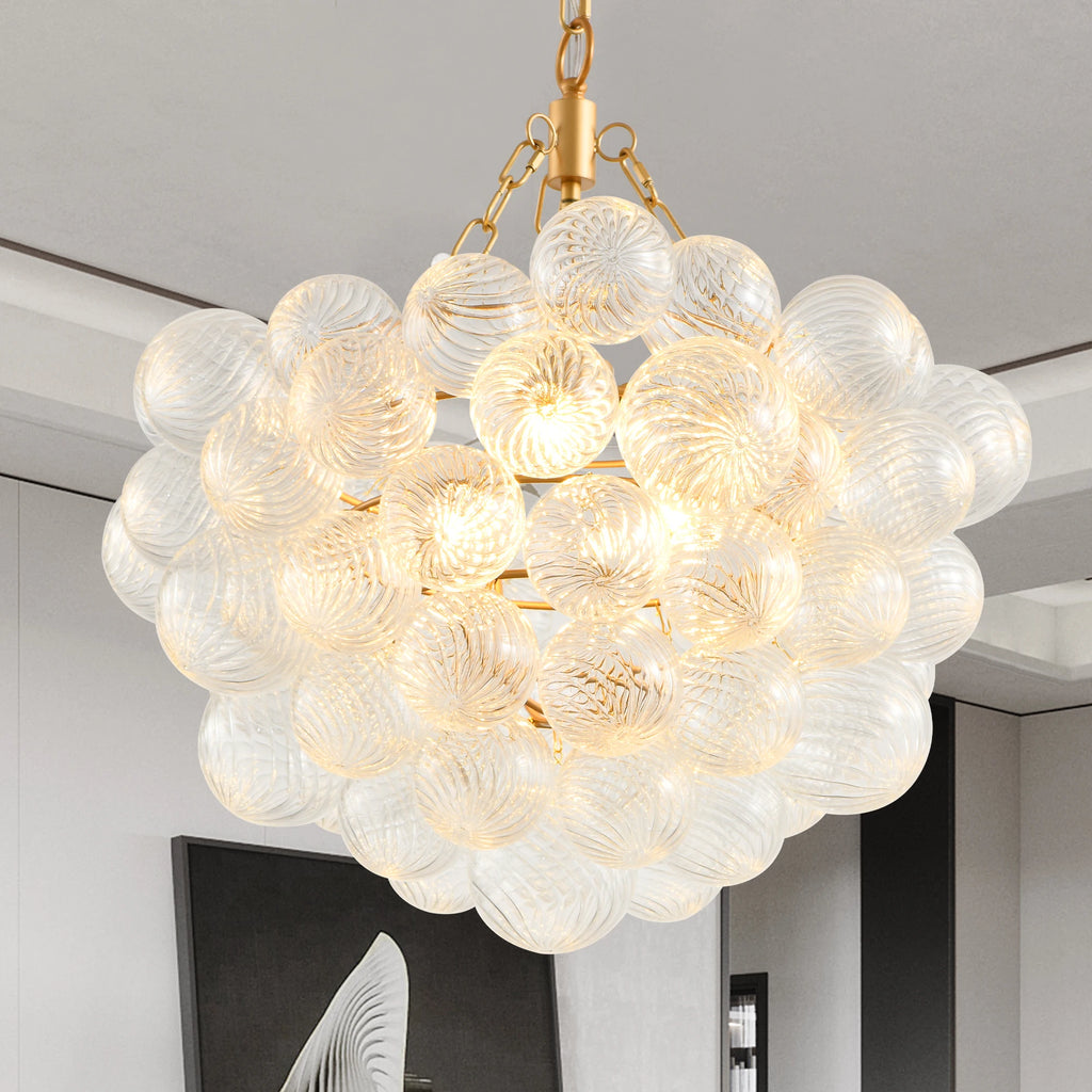 20" Gold Pendant Chandelier, Threaded Clear Glass Globe(No Bulbs)