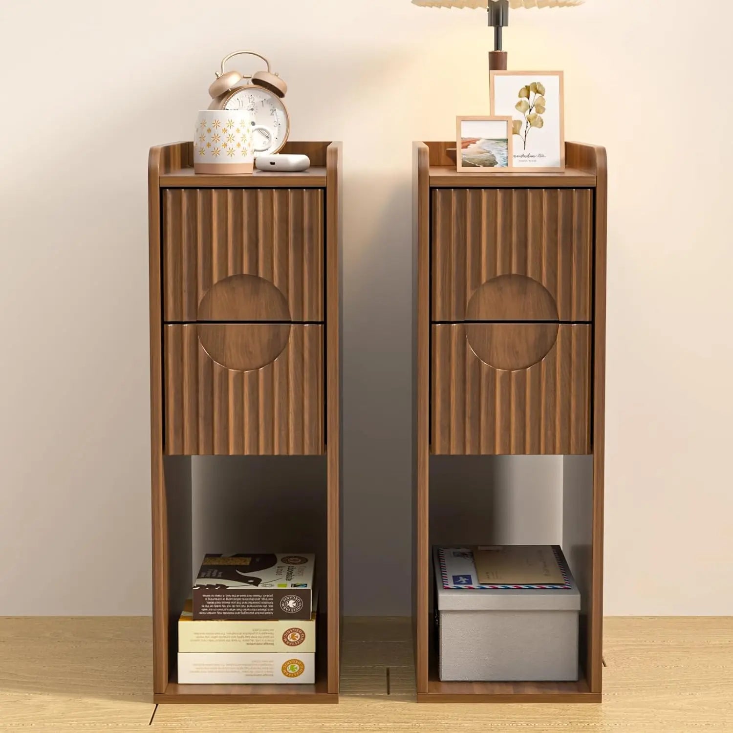 Narrow Fluted End Tables, Set of 2, Wooden 2 Drawers, Slim Nightstands