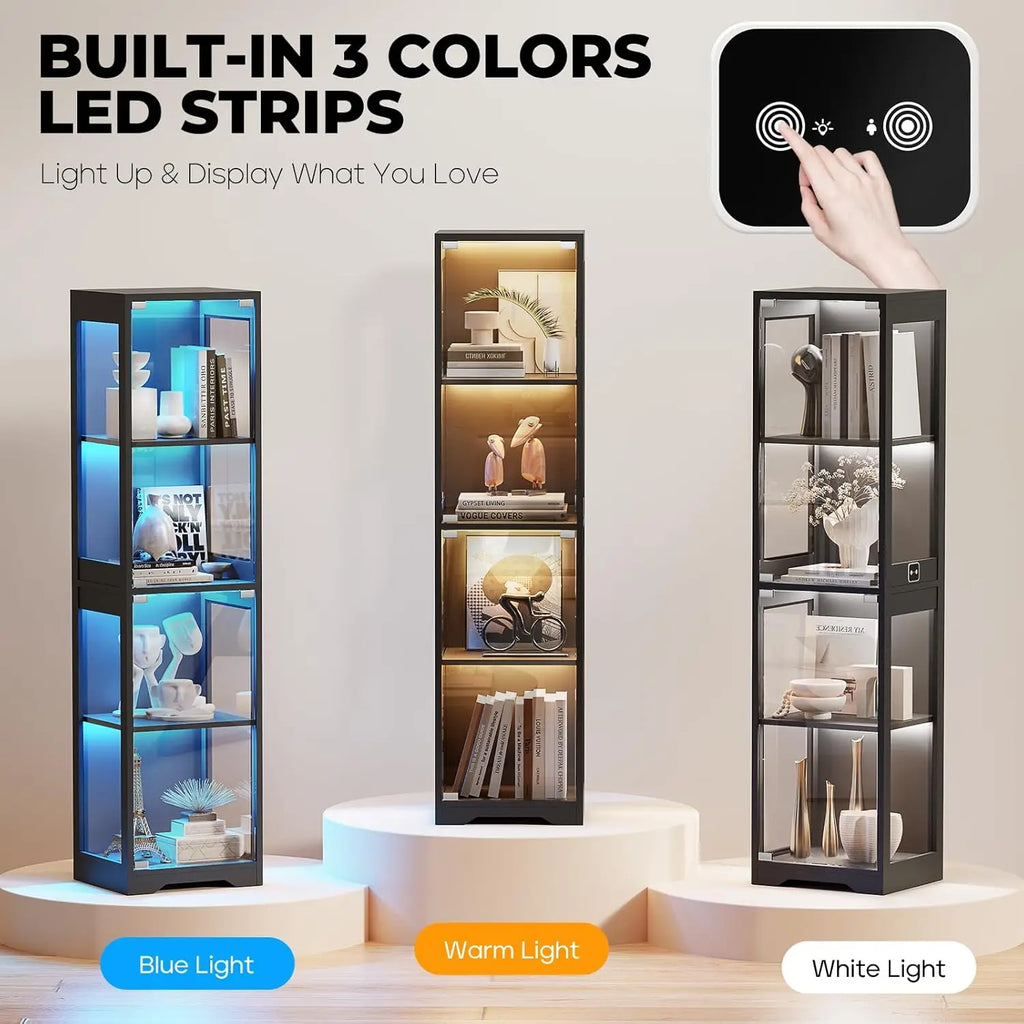 4-Tier Glass Display Cabinet,  Adjustable LED Lights and Sensor