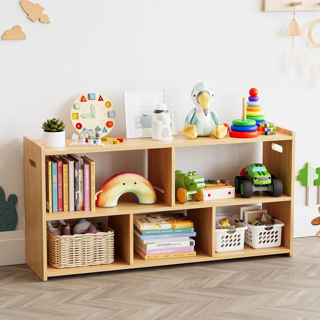 5-Compartment Bookshelf,  Montessori Bookcase Toy Storage, Natural Finish, 44.5" Wide