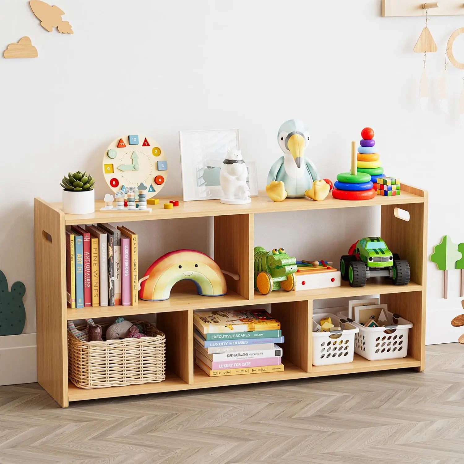 5-Compartment Bookshelf,  Montessori Bookcase Toy Storage, Natural Finish, 44.5" Wide