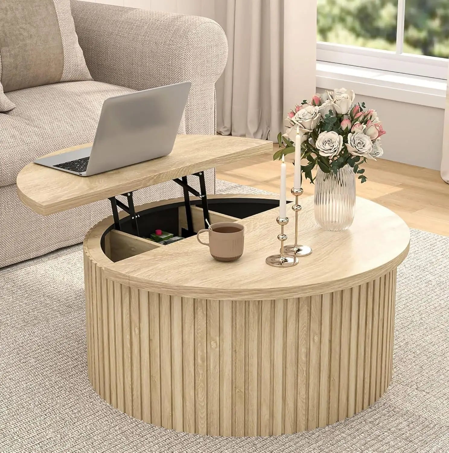 Fluted  31.6IN Round Lift Top Coffee Table with Hidden Storage