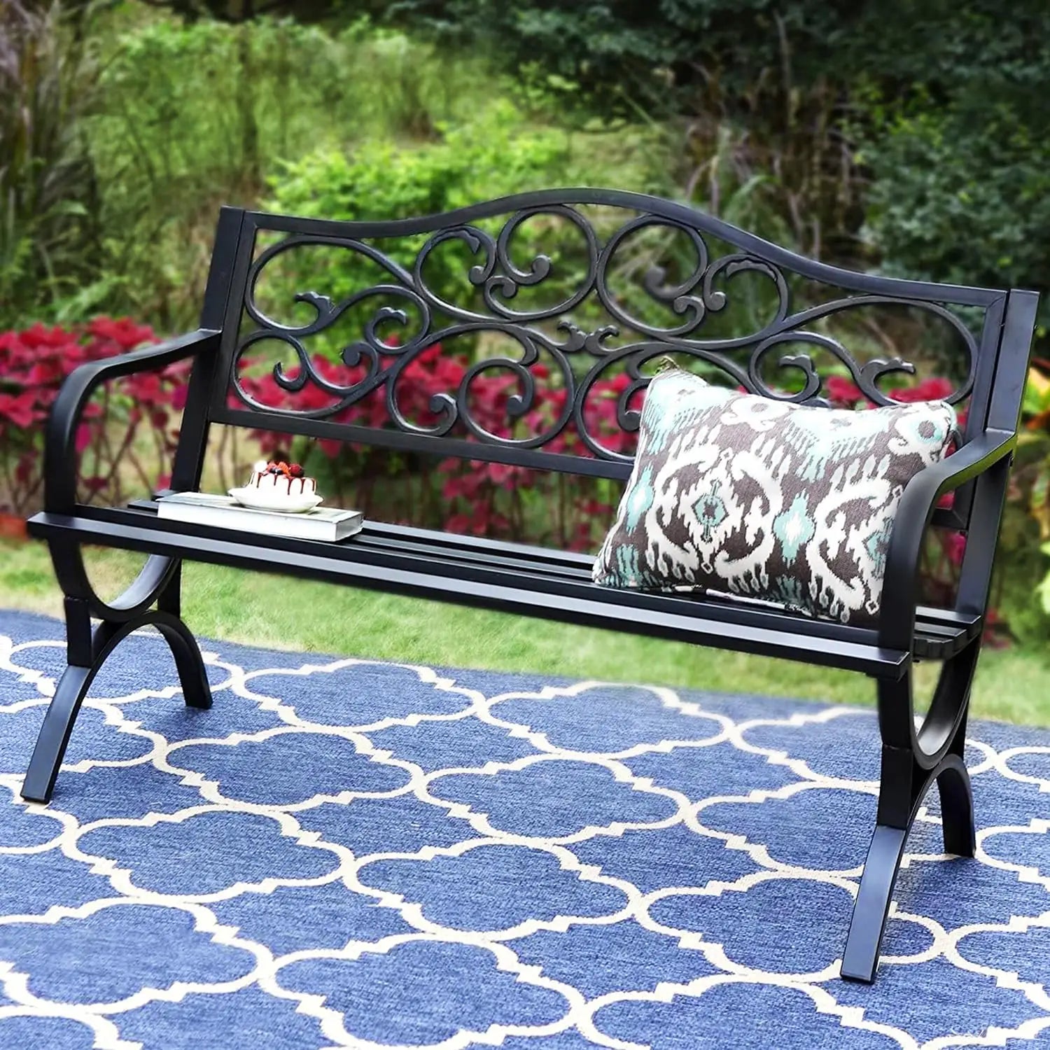 50in Copper Cast Iron Steel Bench, Chair w/Floral Backrest Slatted Seat