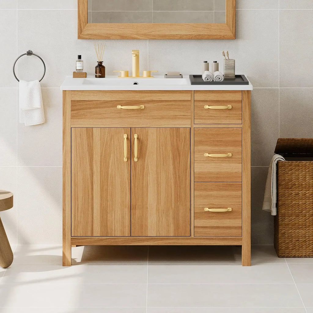 36in Wood Bathroom Vanity/Sink, 3 Drawer Storage Adjustable Shelf.