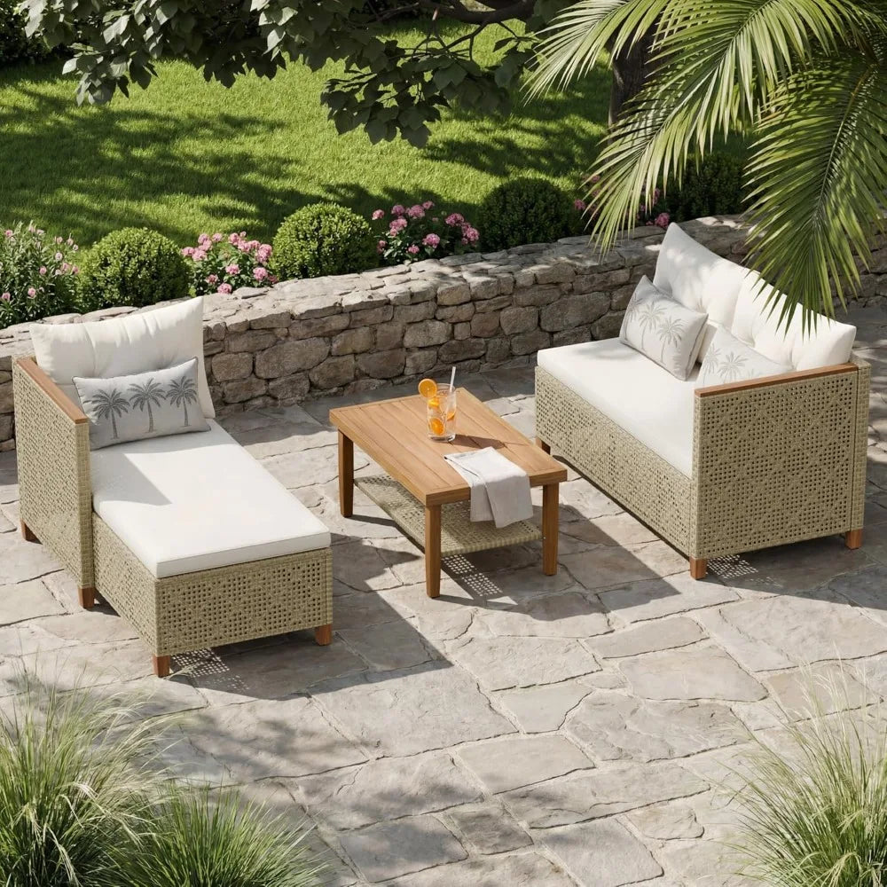 Small Sectional 3-Piece Wicker Patio Furniture Set, Tufted Pillow PE Rattan