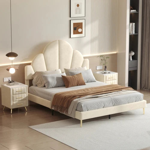 3-Pc Bedroom Set, Queen Velvet Frame, Petal Headboard, 3 Drawers Nightstands