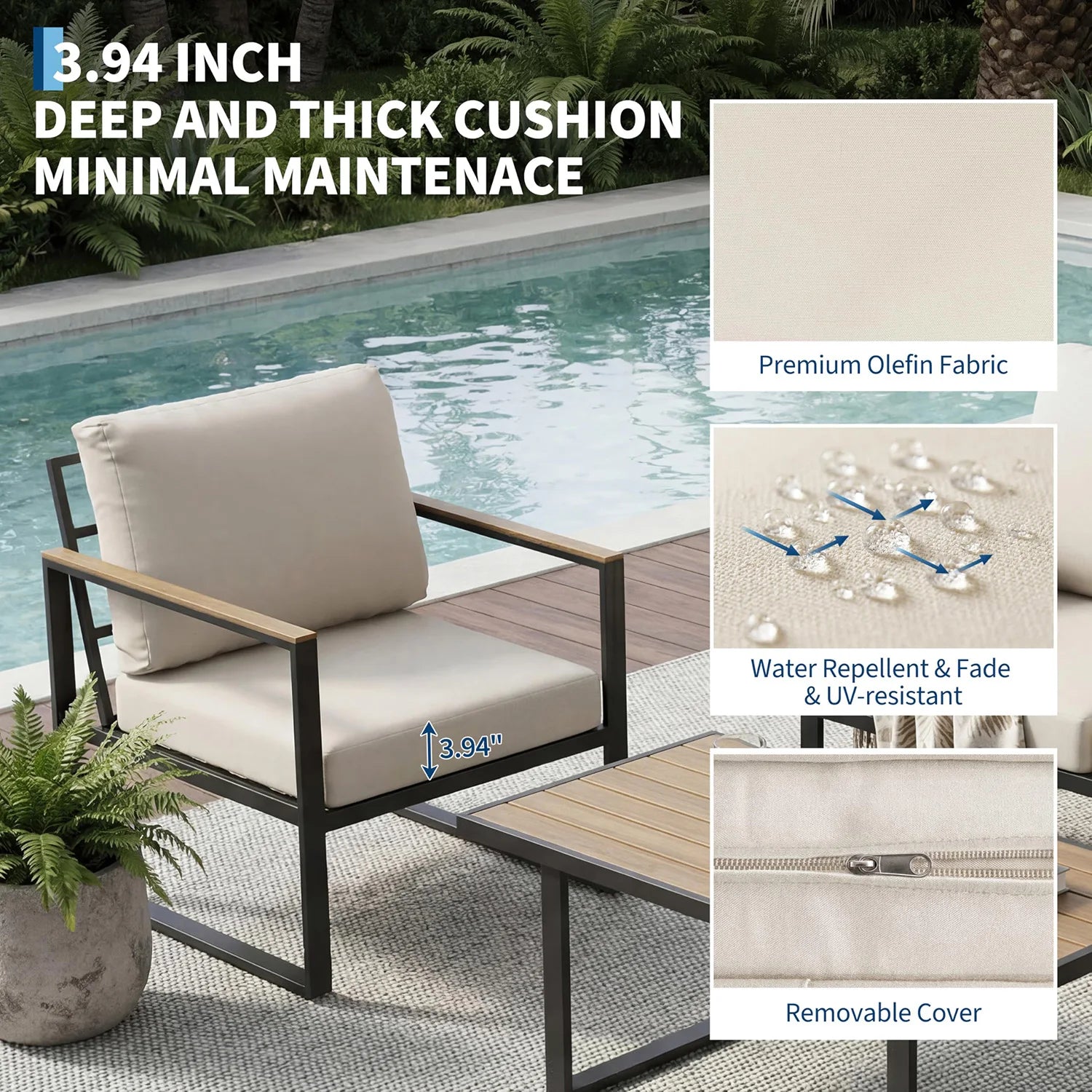 4-Piece Patio Sectional Sofa Set, Coffee Table Thick Washable Cushions