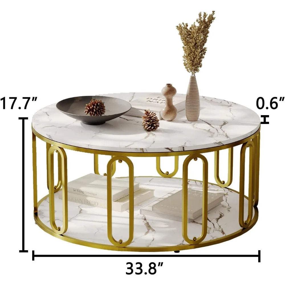 Wooden Marble Pattern Coffee Table, Round Open Storage, Golden Metal Legs
