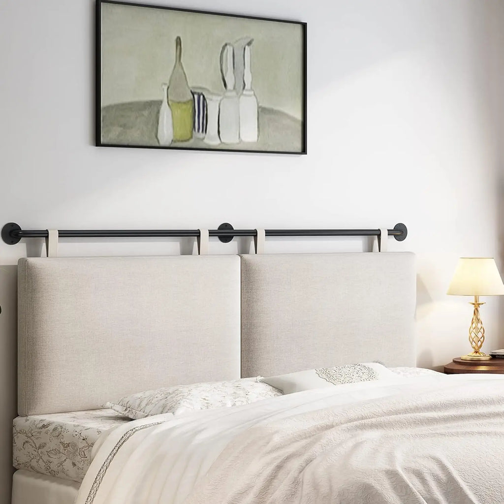 King Size Wall Mounted Upholstered Headboard Linen Fabric, Beige