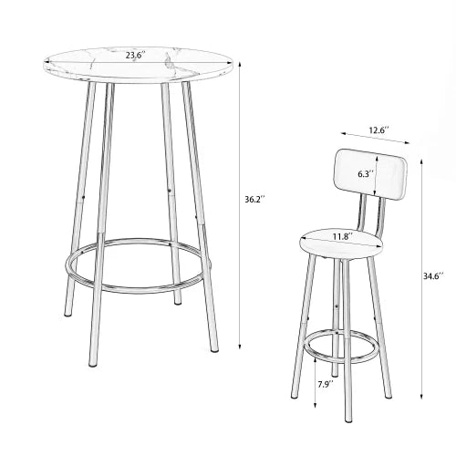 3 PC Dining Table and Chairs Set with 2 Stools Faux Marble Tabletop