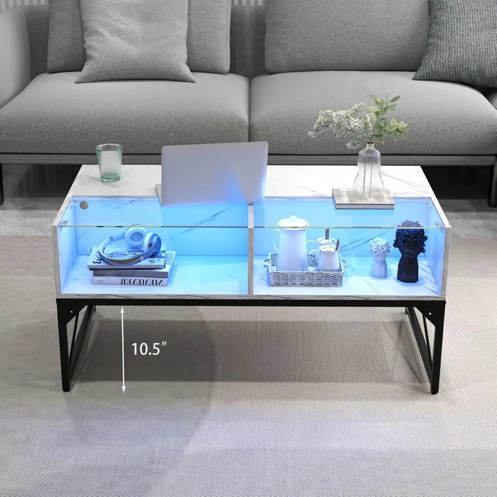LED High Gloss Faux Marble Tempered Glass Top Coffee Table 4 Cubes