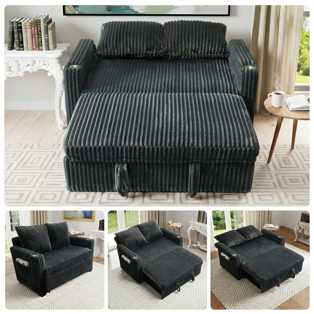 3-in-1 Sleeper Sofa Bed, 53'' Corduroy Loveseat Adjustment Backrest