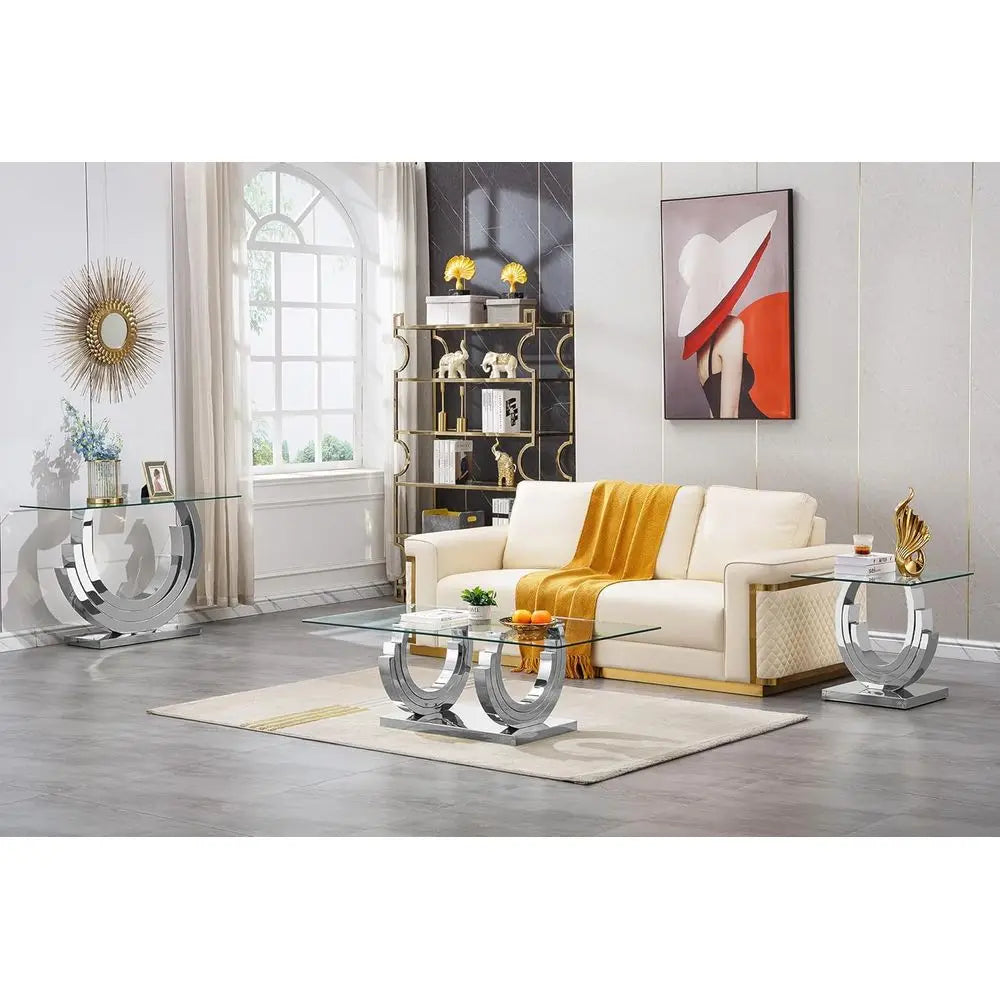47IN Silver, Clear Glass Console Ring Mirrored Stainless Steel Base