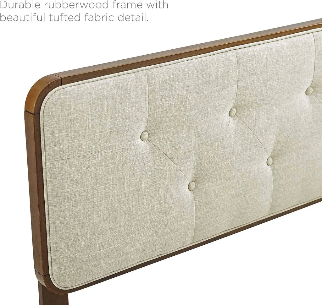 Tufted Full Fabric Wood Headboard Walnut Beige Bed Frame