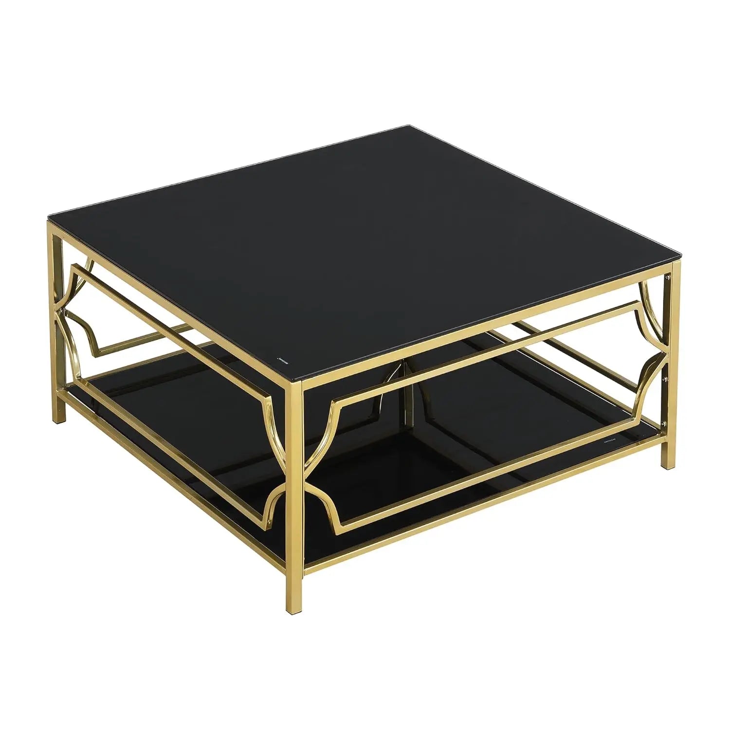 2-Tier Black, Brown or Clear Glass Coffee Table Gold Stainless Steel Base