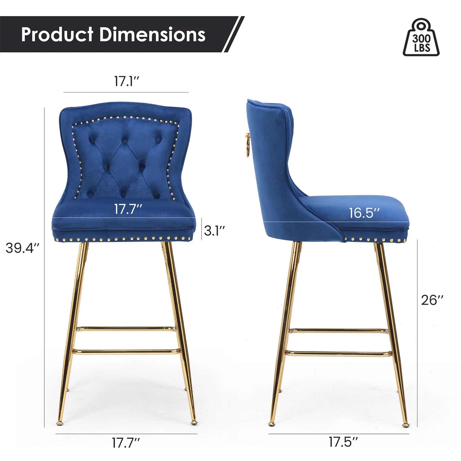 2-Set Bar Stools, Counter Height, Metal Legs, Button Tufted, Nail Heads