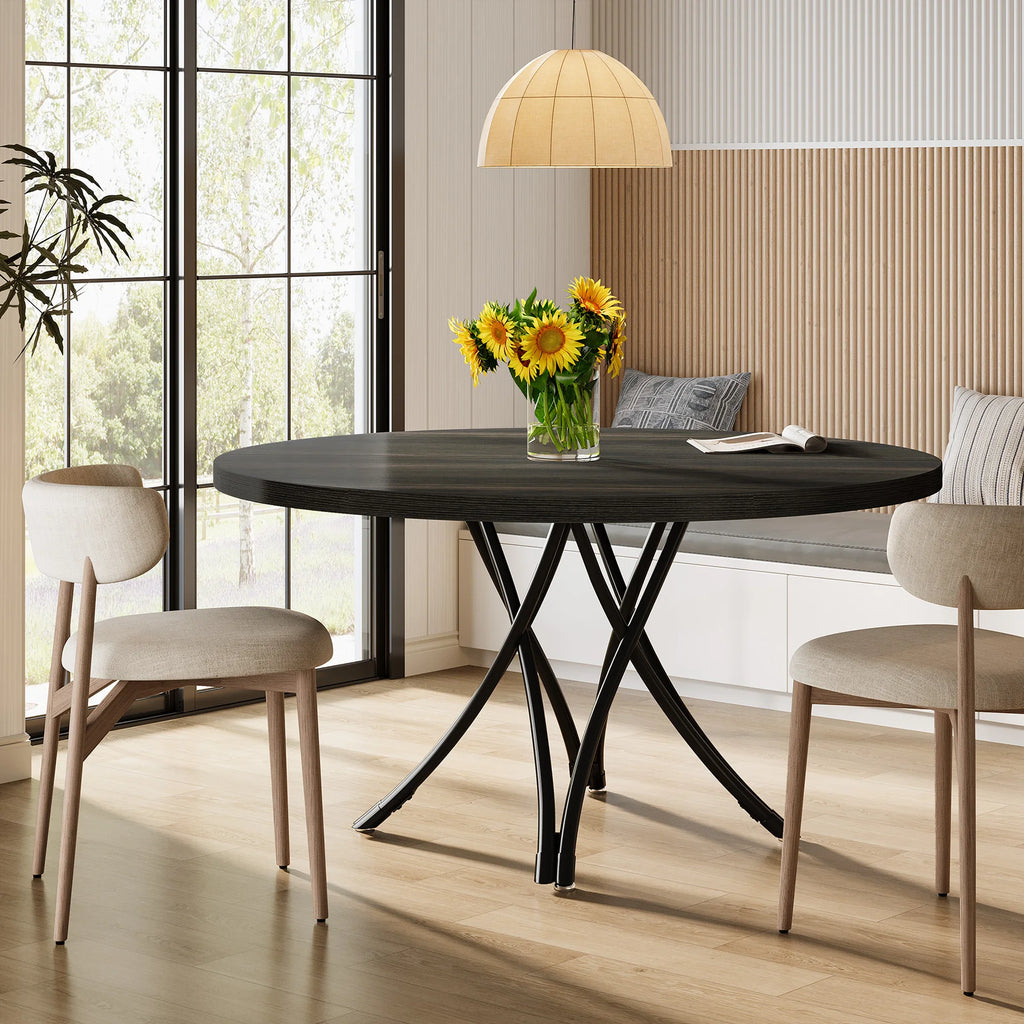 Dining Table, 46IN Round Wood Table, Sturdy Metal Base for 4-6
