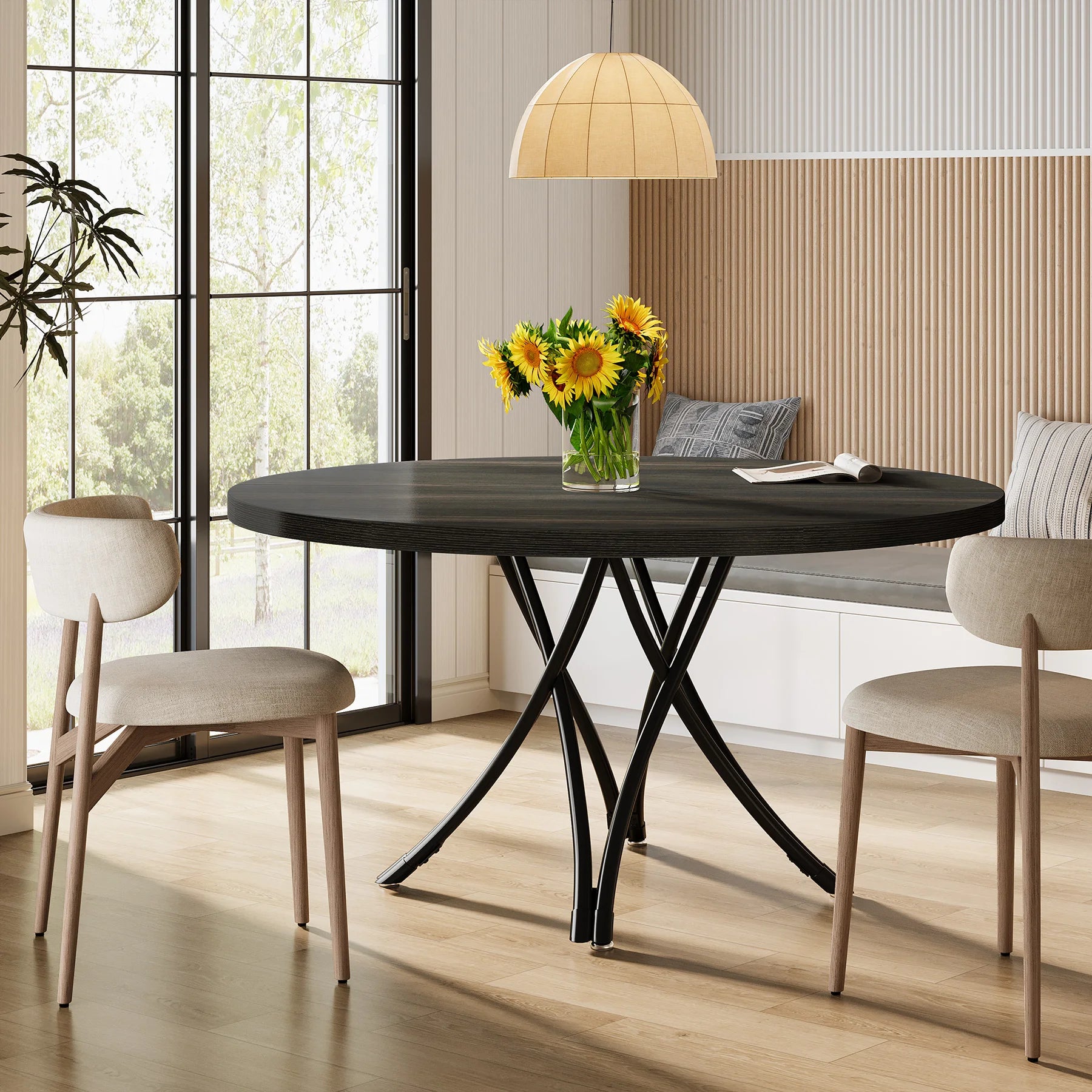 Dining Table, 46IN Round Wood Table, Sturdy Metal Base for 4-6