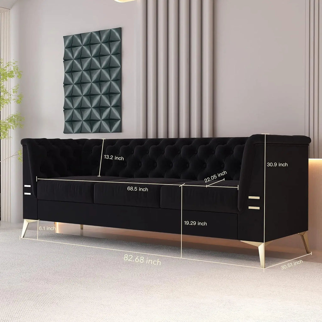 Velvet Chesterfield, Black 82" Sofa, Gold Metal Legs