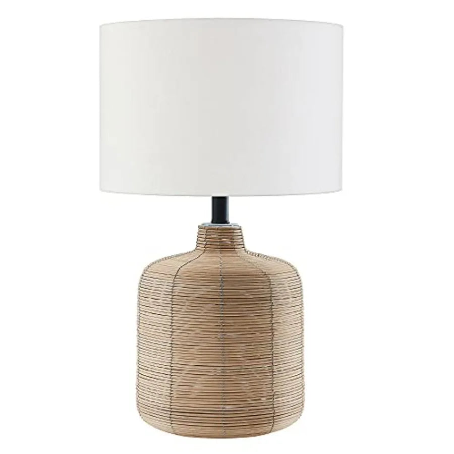 20.5" Tall Petite/Rattan  Desk/Table Lamp, Fabric Shade in Natural Rattan/Brass/White