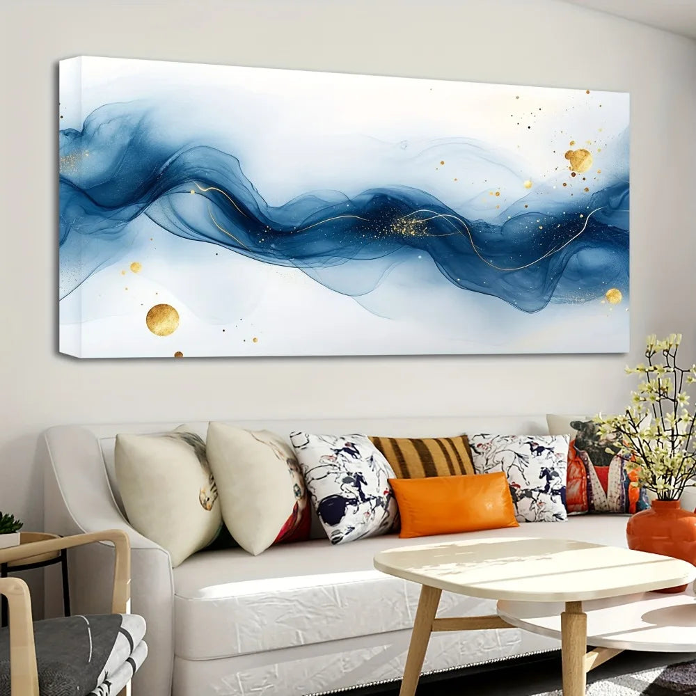 Large Abstract Gold and Blue Gradient Painting, 1.5" thick frame.
