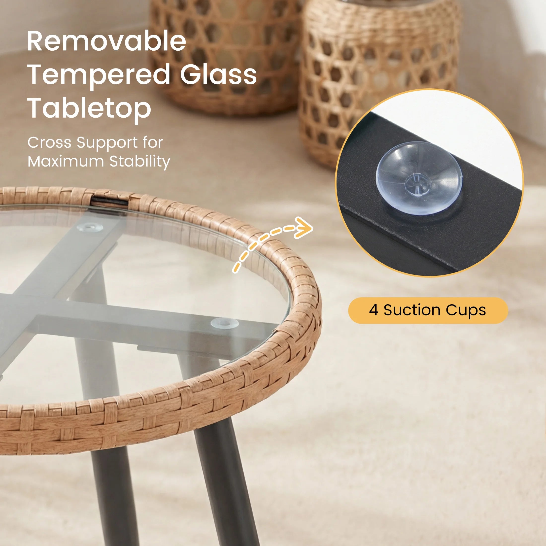 3 Pieces Wicker Set Soft Cushion Glass Steel Frame Table